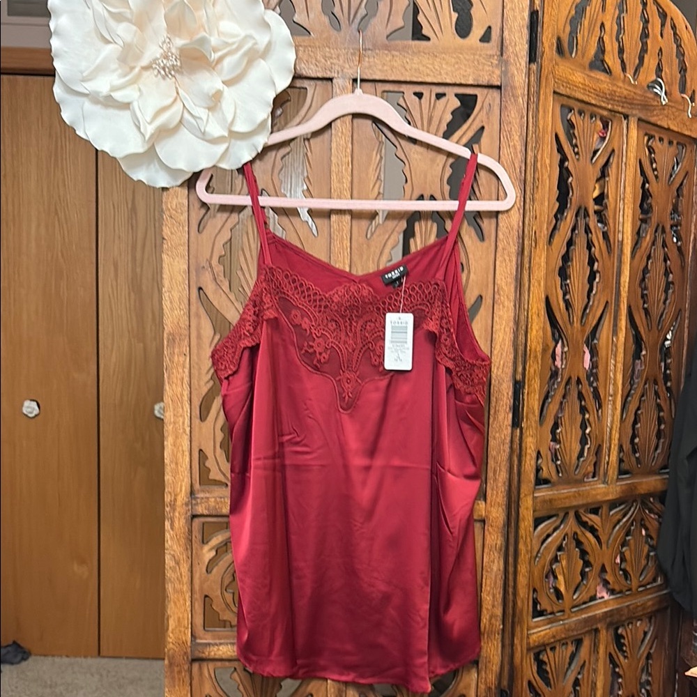 Red Satin Lace-Trim Cami